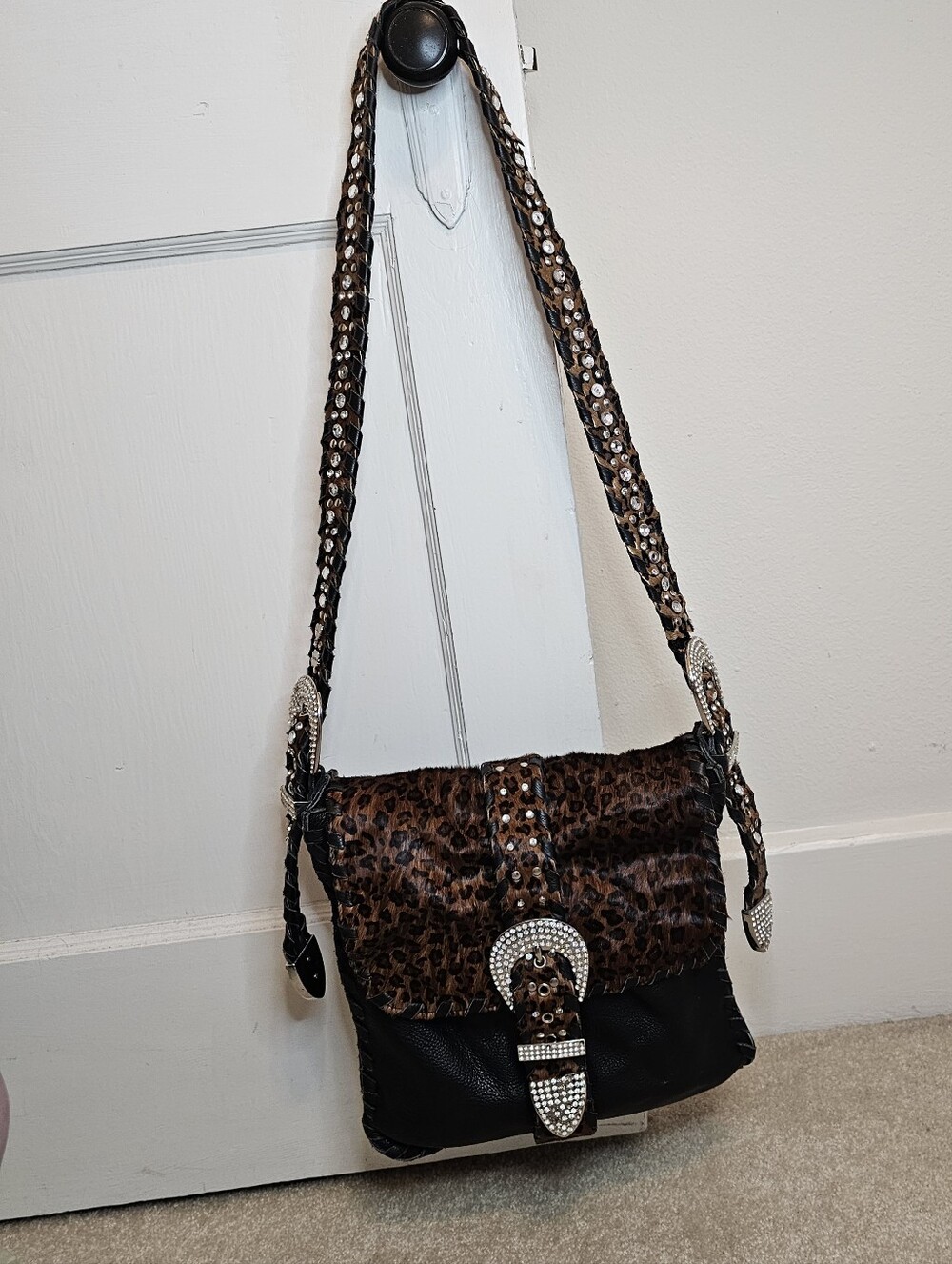 Charm and Luck Leopard Print Black Shoulder Bag Rhinestone Buckle